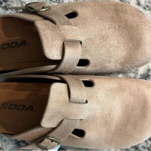 Soda Light Tan Suede Buckle Clogs